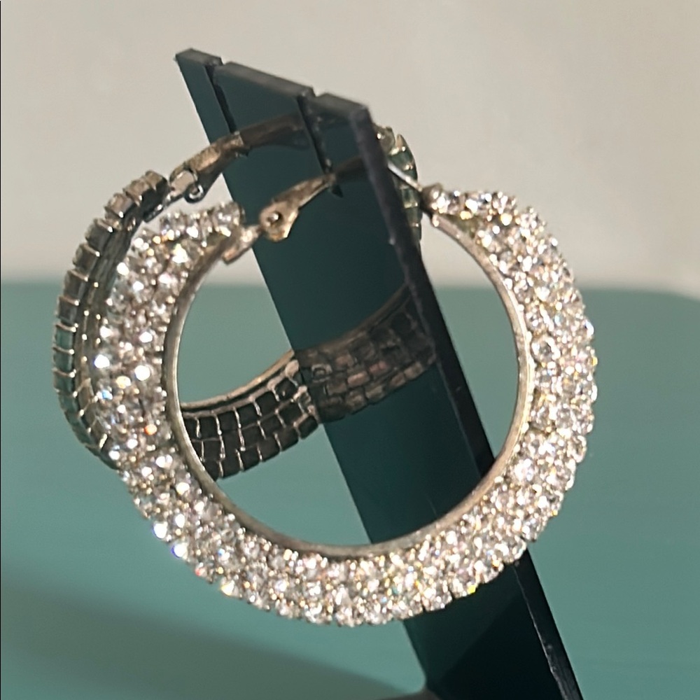 Wedding Bridal Formal Prom Rhinestone and Silver Hoop Earrings